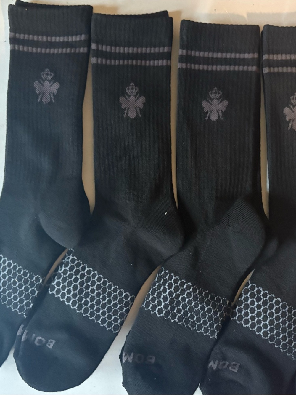 Bombas Black Crew Socks Lot of 4 Pairs Honeycomb Cuff Gray Accent